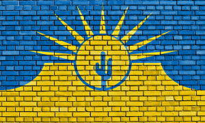 flag of Mesa painted on brick wall