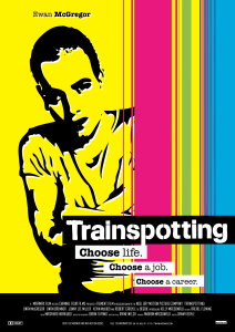 A brightly colored, albeit mostly yellow, poster for the film Trainspotting. Ewan McGregor folds his arms in a stencil rendition of himself.